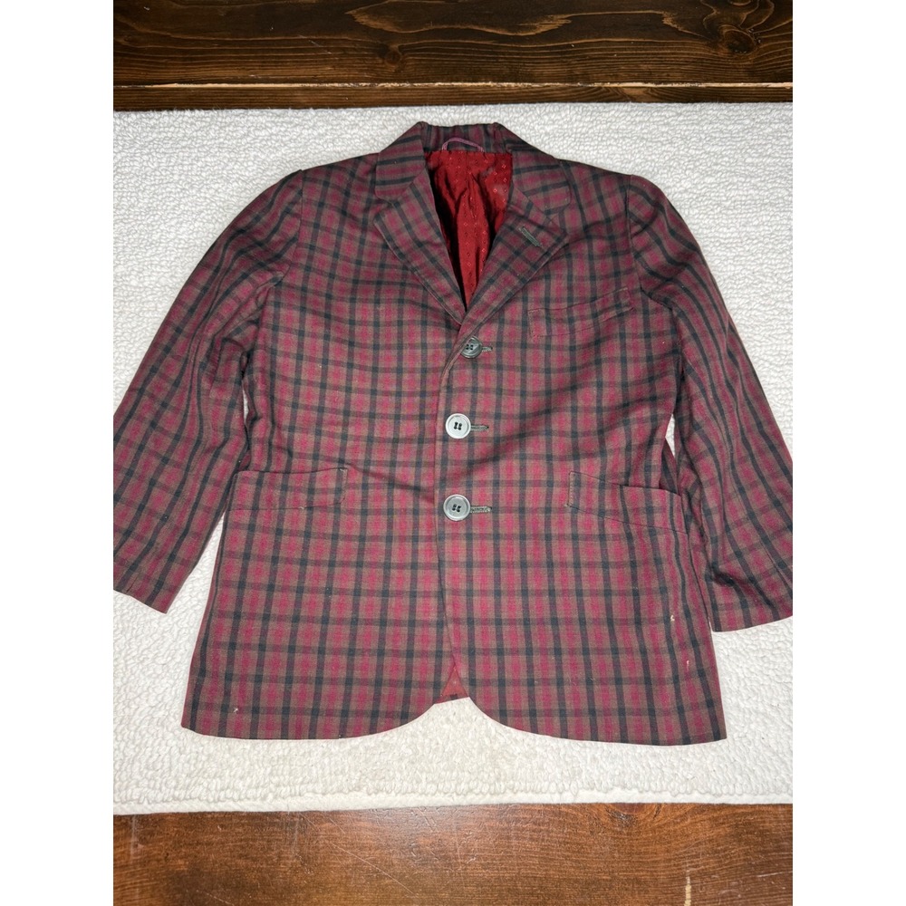 Kids VTG Plaid Blazer Burgundy Navy Three Button Sport Coat Formal Jacket 50-60s